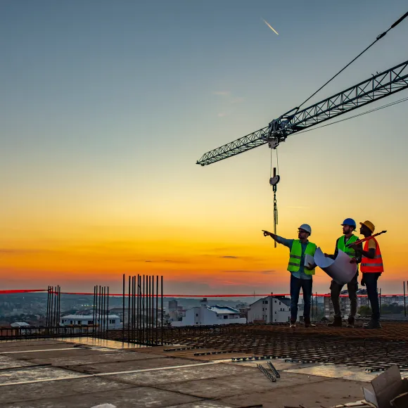 Bauleiter auf einer Hochhaus-Baustelle. Im Hintergrund die Morgendämmerung und ein Kran.